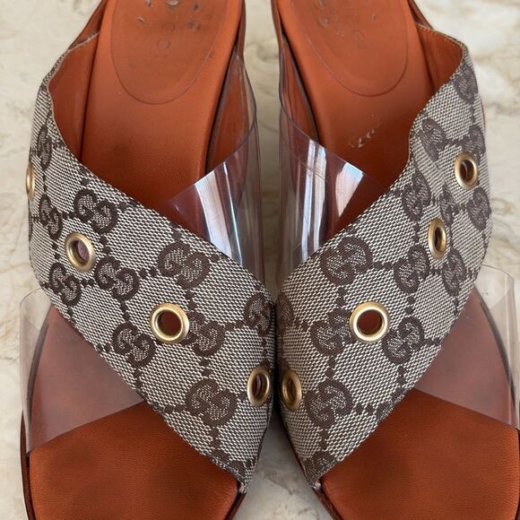 Gucci Vintage Beige/Brown GG Canvas, Leather & PVC Criss Cross Heeled Sandals - Picture 7 of 12